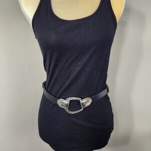 Chicos Adjustable Black Genuine Leather Silver Etched Buckle Size M/L western